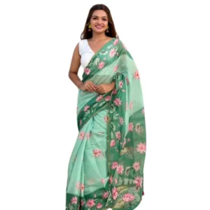 Generic Women's Linen Printed Saree With Unstitched Blouse 5.5Mtrย (Green)