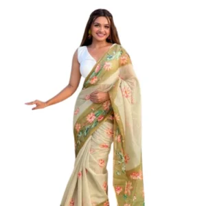Generic Women's Linen Printed Saree With Unstitched Blouse 5.5Mtrย (Mahendi)