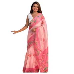 Generic Women's Linen Printed Saree With Unstitched Blouse 5.5Mtrย (Pink)