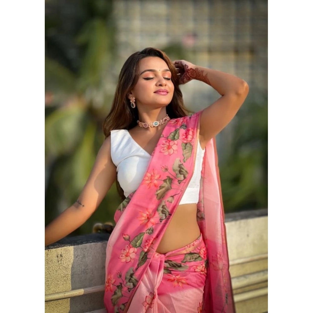 Generic Women's Linen Printed Saree With Unstitched Blouse 5.5Mtr (Pink) - Image 3