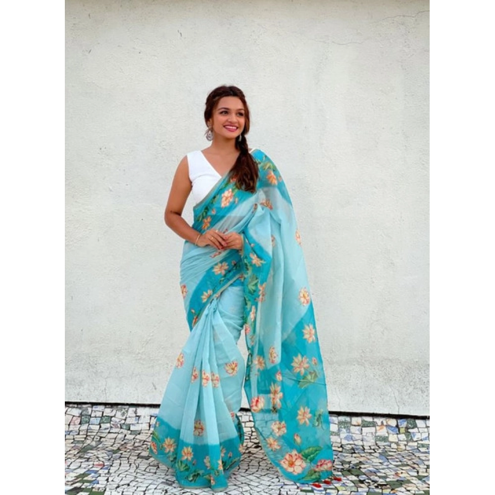 Generic Women's Linen Printed Saree With Unstitched Blouse 5.5Mtr (Aqua) - Image 3
