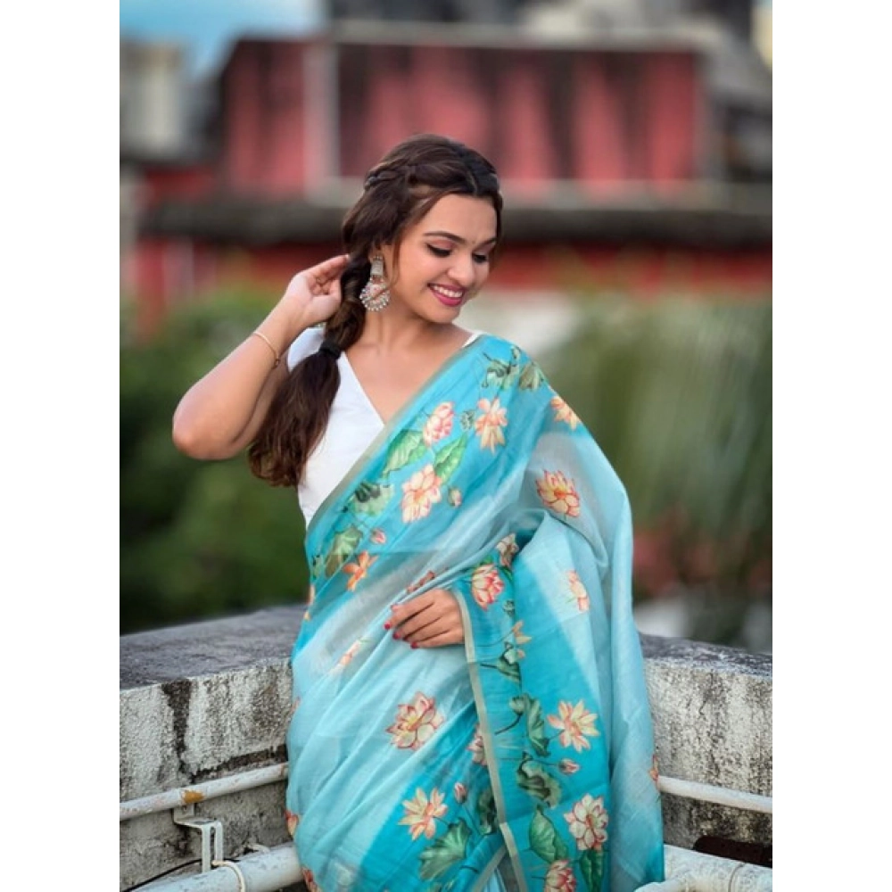 Generic Women's Linen Printed Saree With Unstitched Blouse 5.5Mtr (Aqua) - Image 2