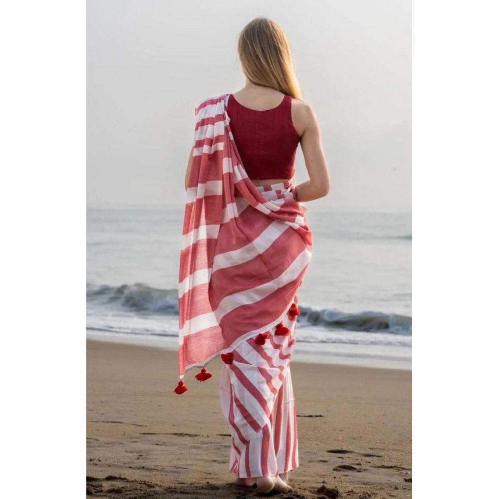 Generic Women's Linen Printed Saree With Unstitched Blouse 5.5Mtr (Red) - Image 2
