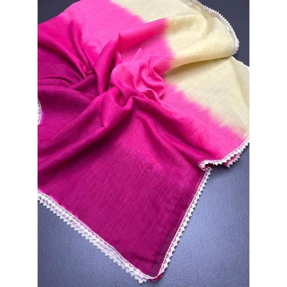 Generic Women's Linen Printed Saree With Unstitched Blouse 5.5Mtr (Pink) - Image 2
