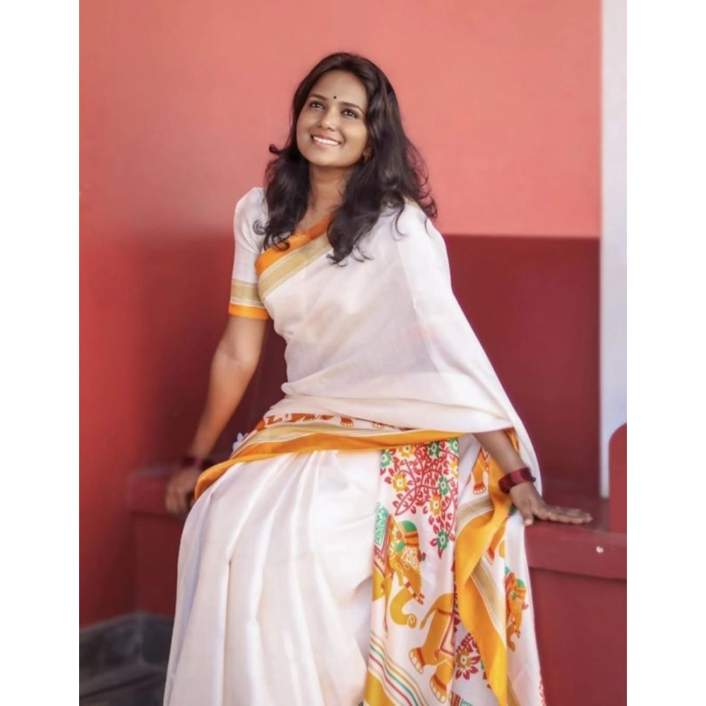 Generic Women's Linen Printed Saree With Unstitched Blouse 5.5Mtr (White) - Image 2