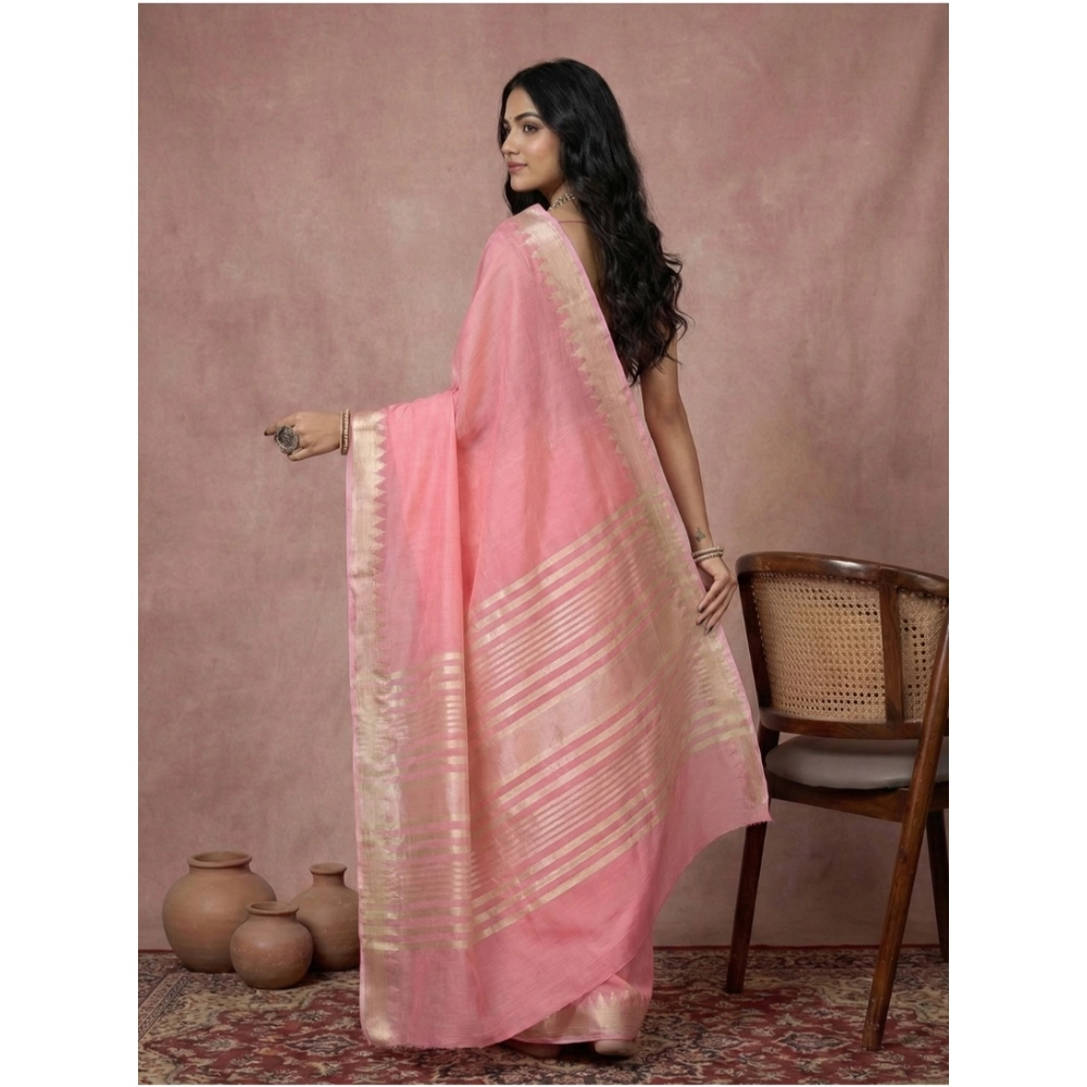Generic Women's Cotton Printed Saree With Unstitched Blouse 5.5Mtr (Coral Pink) - Image 3