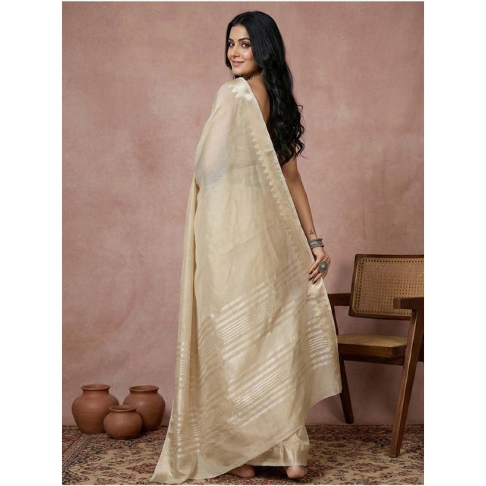 Generic Women's Cotton Printed Saree With Unstitched Blouse 5.5Mtr (Cream) - Image 3