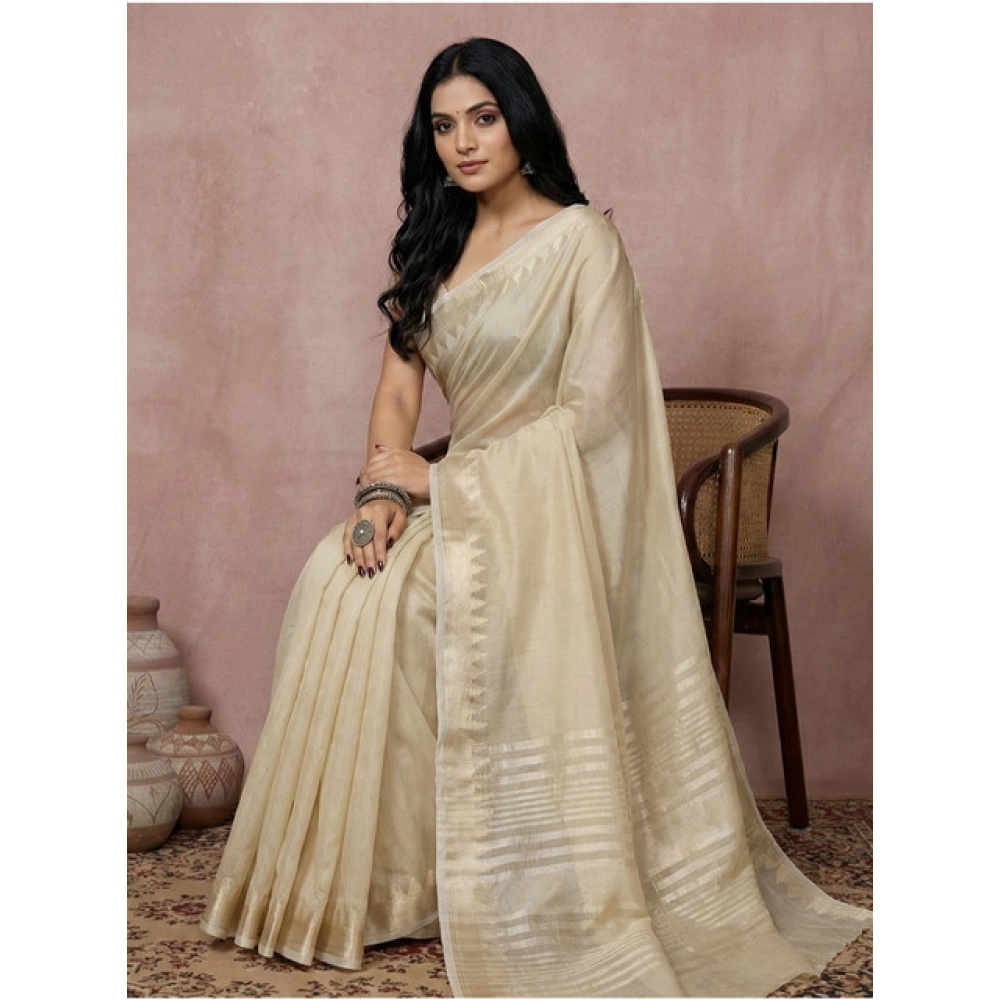 Generic Women's Cotton Printed Saree With Unstitched Blouse 5.5Mtr (Cream) - Image 2