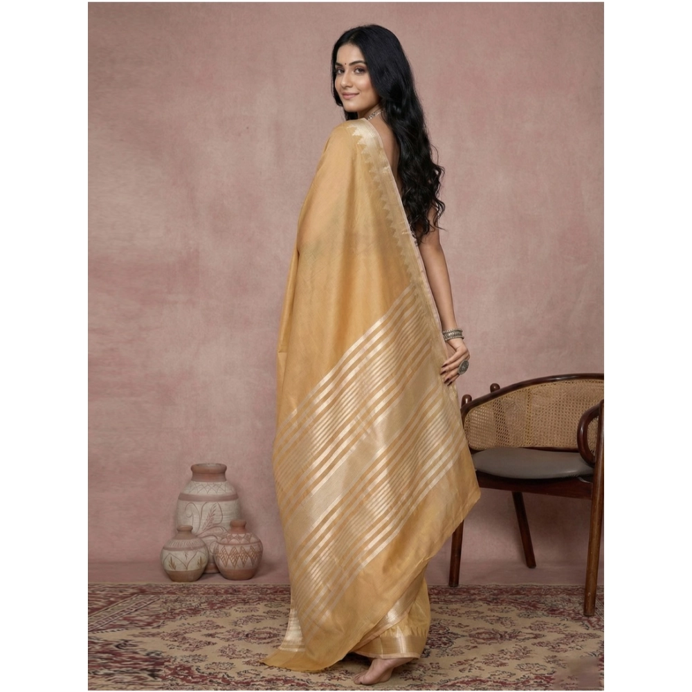 Generic Women's Cotton Printed Saree With Unstitched Blouse 5.5Mtr (Golden) - Image 3