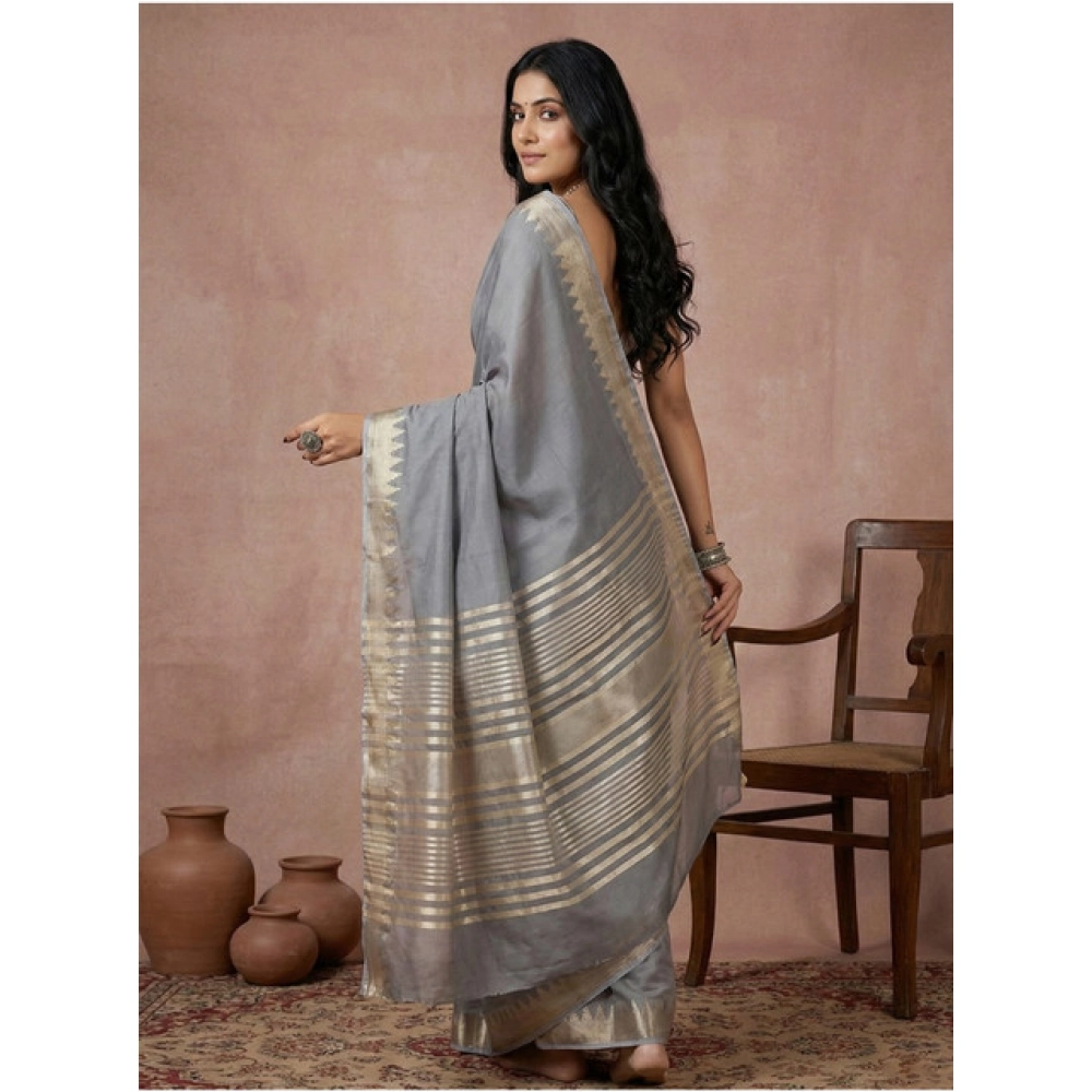 Generic Women's Cotton Printed Saree With Unstitched Blouse 5.5Mtr (Gray) - Image 3