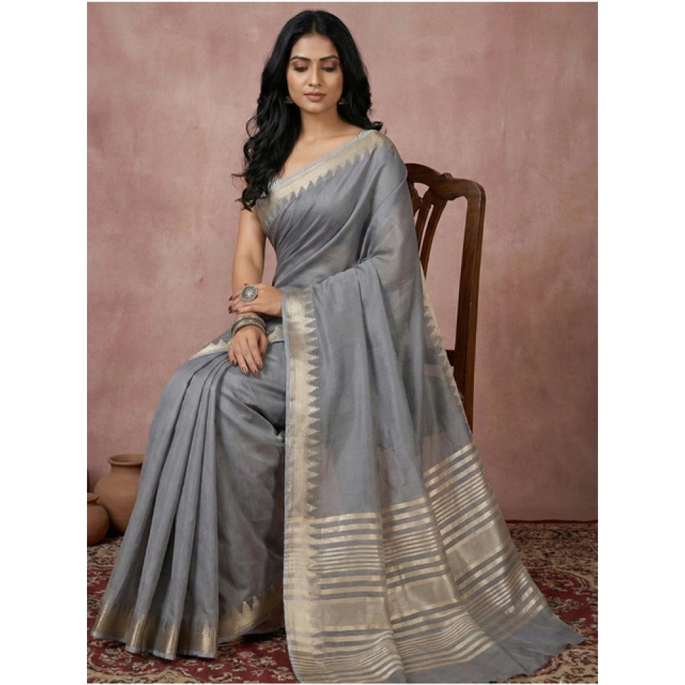 Generic Women's Cotton Printed Saree With Unstitched Blouse 5.5Mtr (Gray) - Image 2