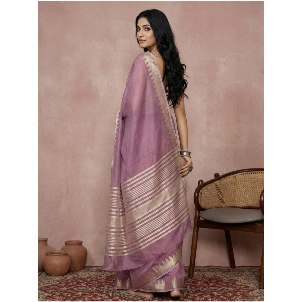Generic Women's Cotton Printed Saree With Unstitched Blouse 5.5Mtr (Purple) - Image 3