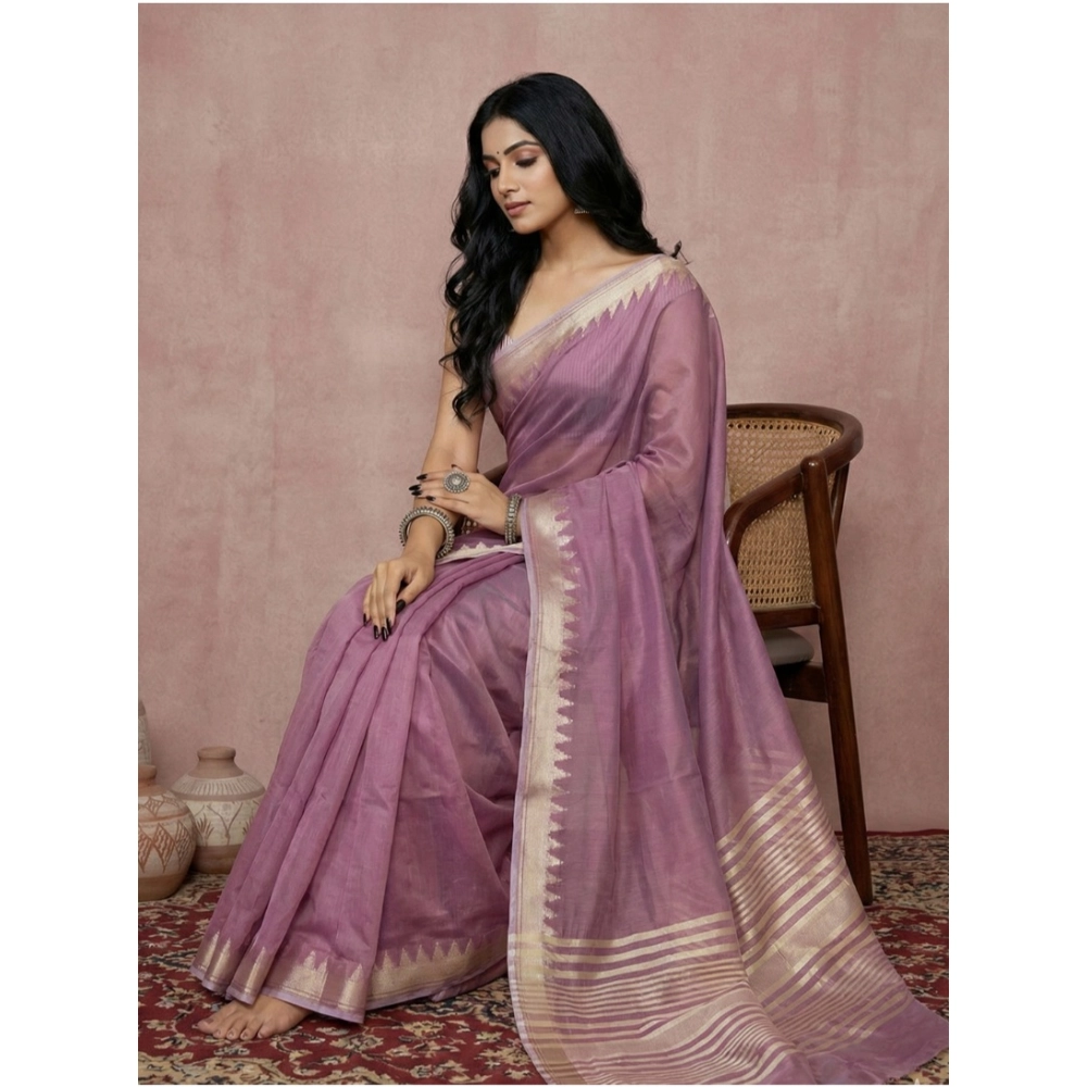 Generic Women's Cotton Printed Saree With Unstitched Blouse 5.5Mtr (Purple) - Image 2