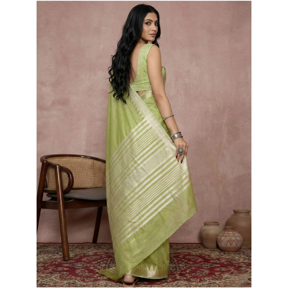 Generic Women's Cotton Printed Saree With Unstitched Blouse 5.5Mtr (Light Green) - Image 3