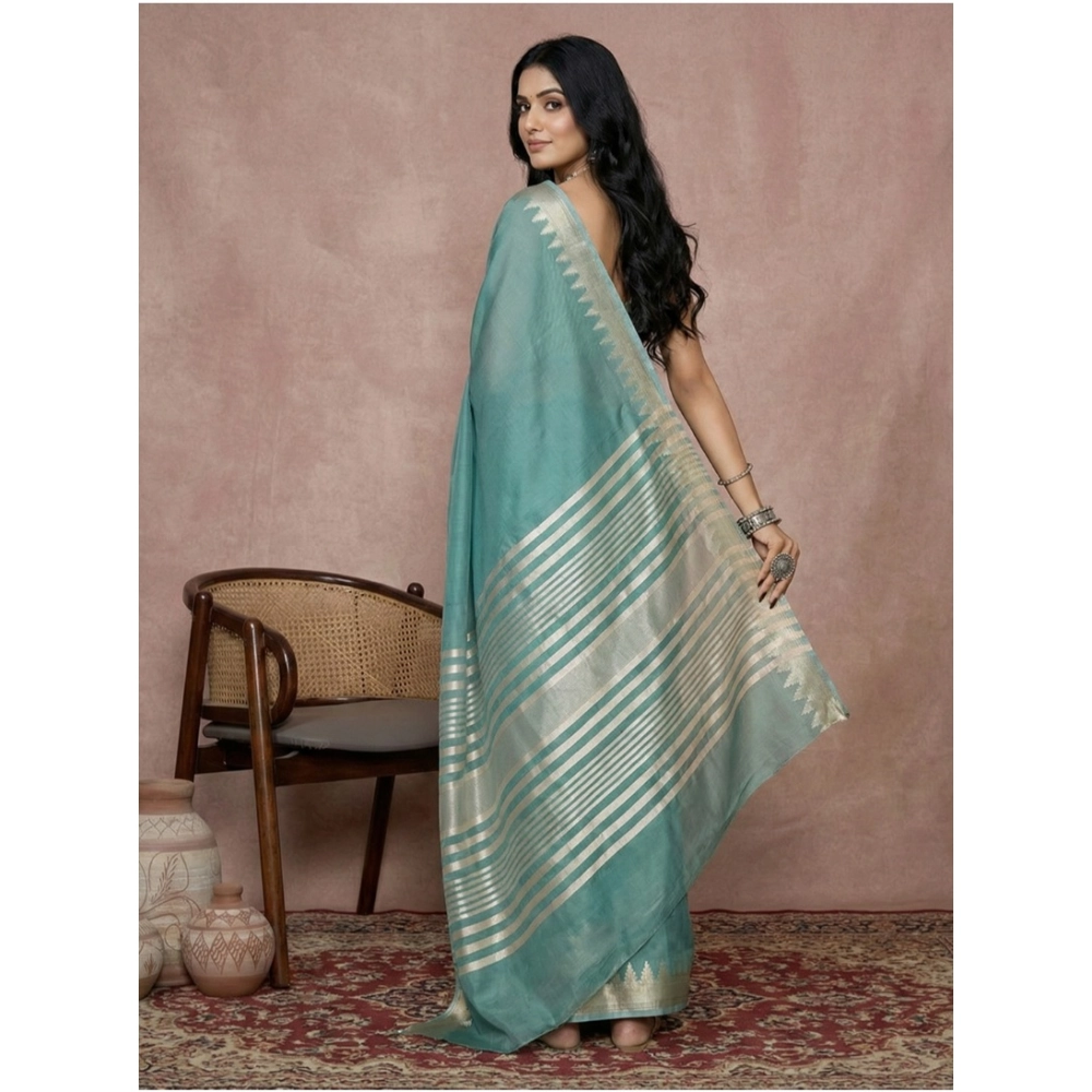 Generic Women's Cotton Printed Saree With Unstitched Blouse 5.5Mtr (Teal) - Image 3