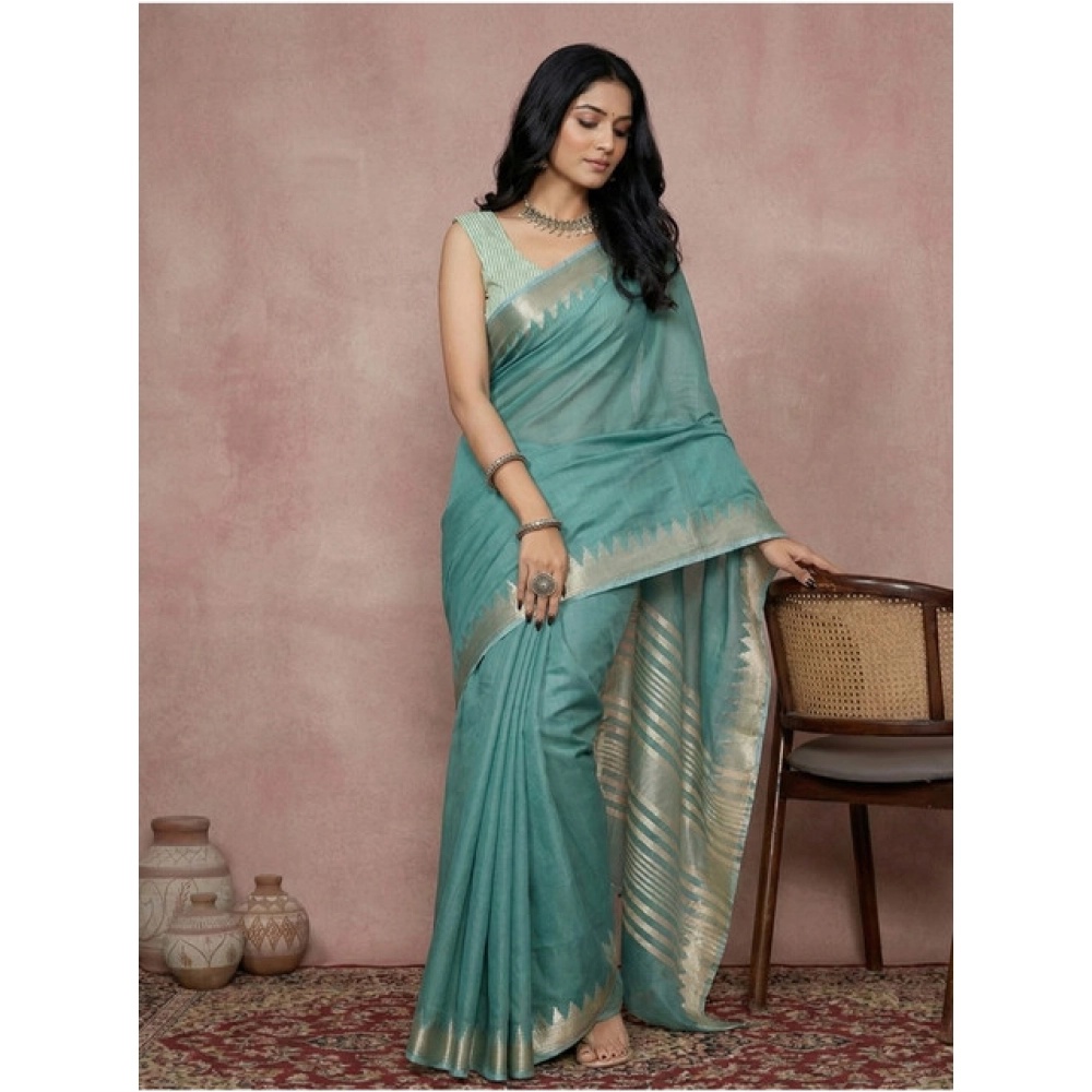 Generic Women's Cotton Printed Saree With Unstitched Blouse 5.5Mtr (Teal) - Image 2