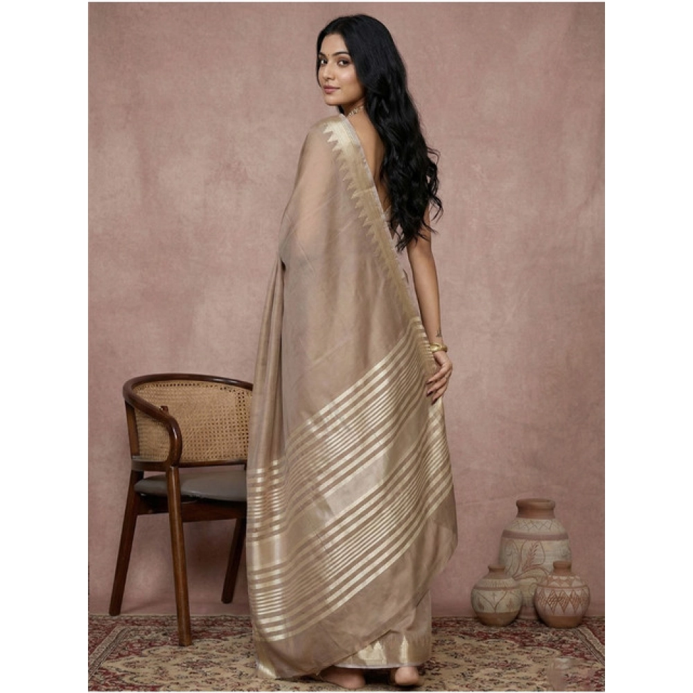 Generic Women's Cotton Printed Saree With Unstitched Blouse 5.5Mtr (Beige) - Image 3