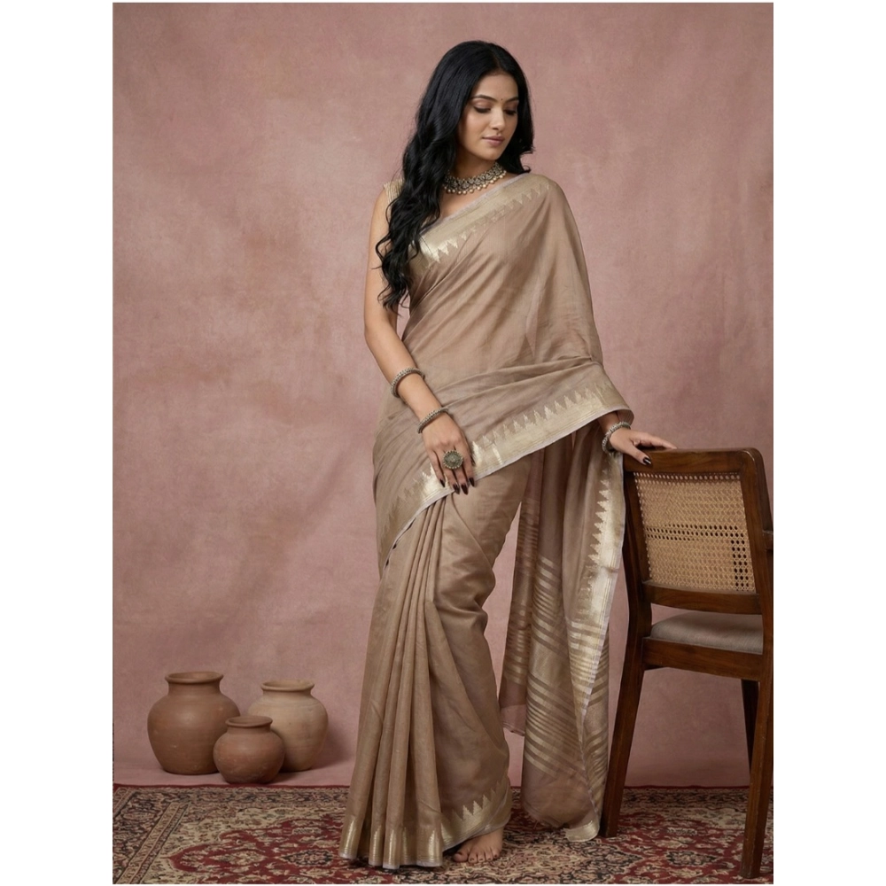 Generic Women's Cotton Printed Saree With Unstitched Blouse 5.5Mtr (Beige) - Image 2