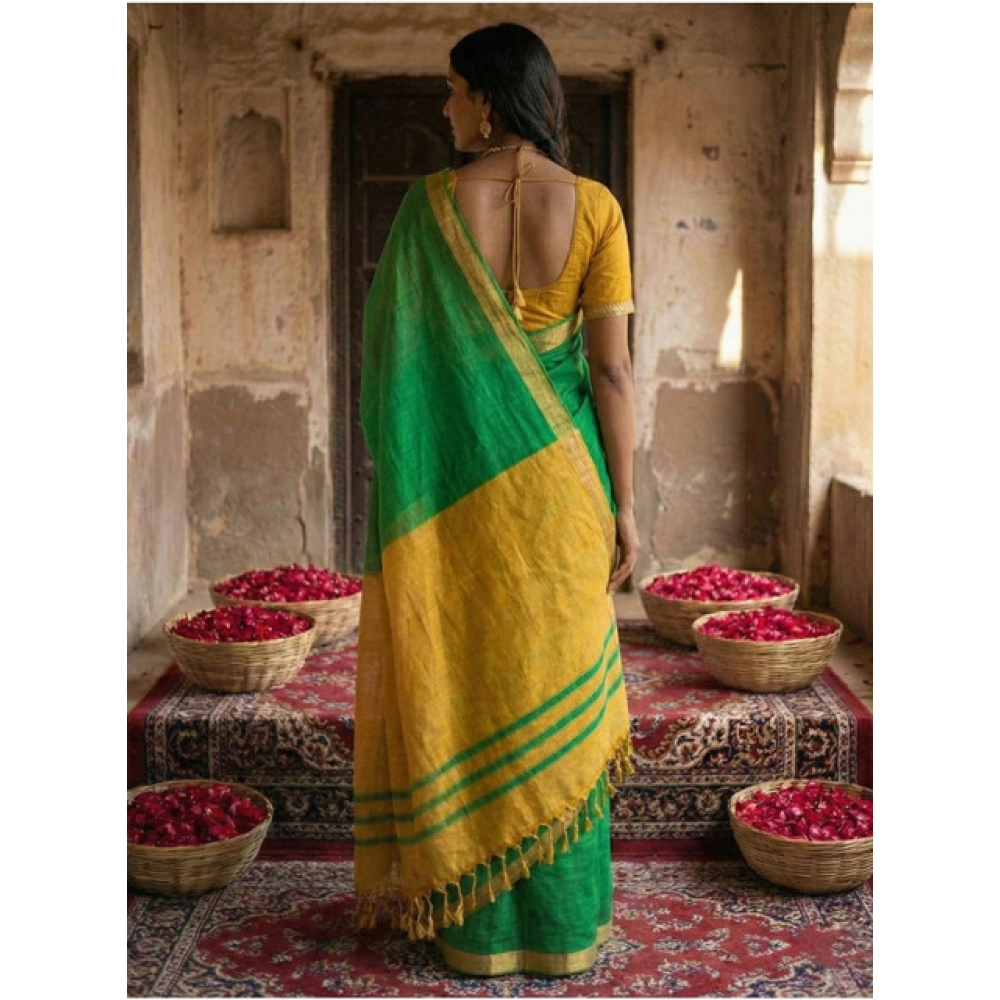 Generic Women's Cotton Printed Saree With Unstitched Blouse 5.5Mtr (Green) - Image 4