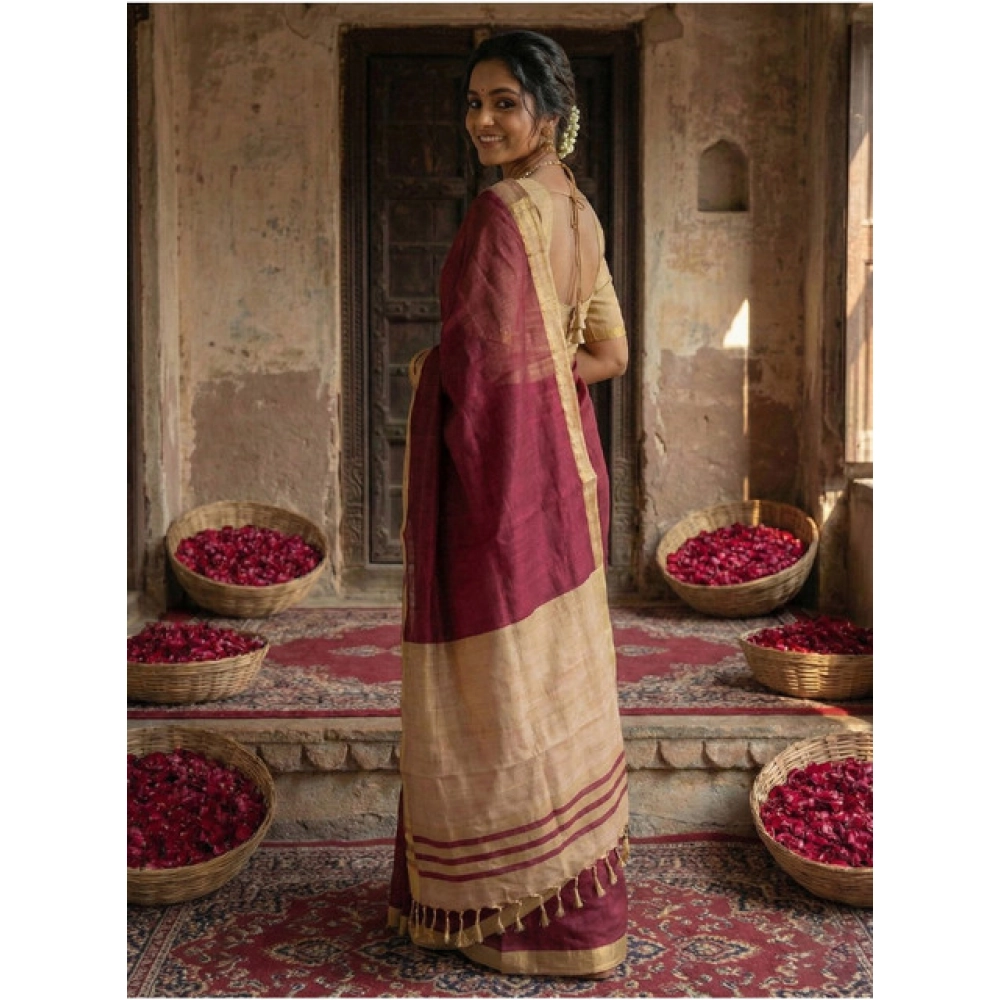 Generic Women's Cotton Printed Saree With Unstitched Blouse 5.5Mtr (Wine) - Image 3