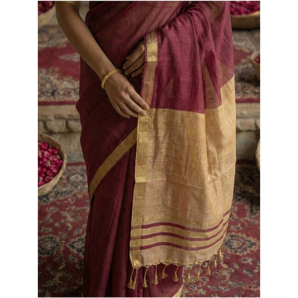 Generic Women's Cotton Printed Saree With Unstitched Blouse 5.5Mtr (Wine) - Image 2
