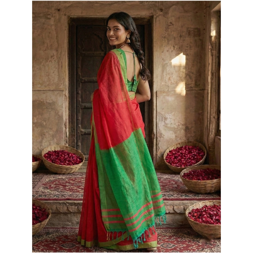 Generic Women's Cotton Printed Saree With Unstitched Blouse 5.5Mtr (Red) - Image 4
