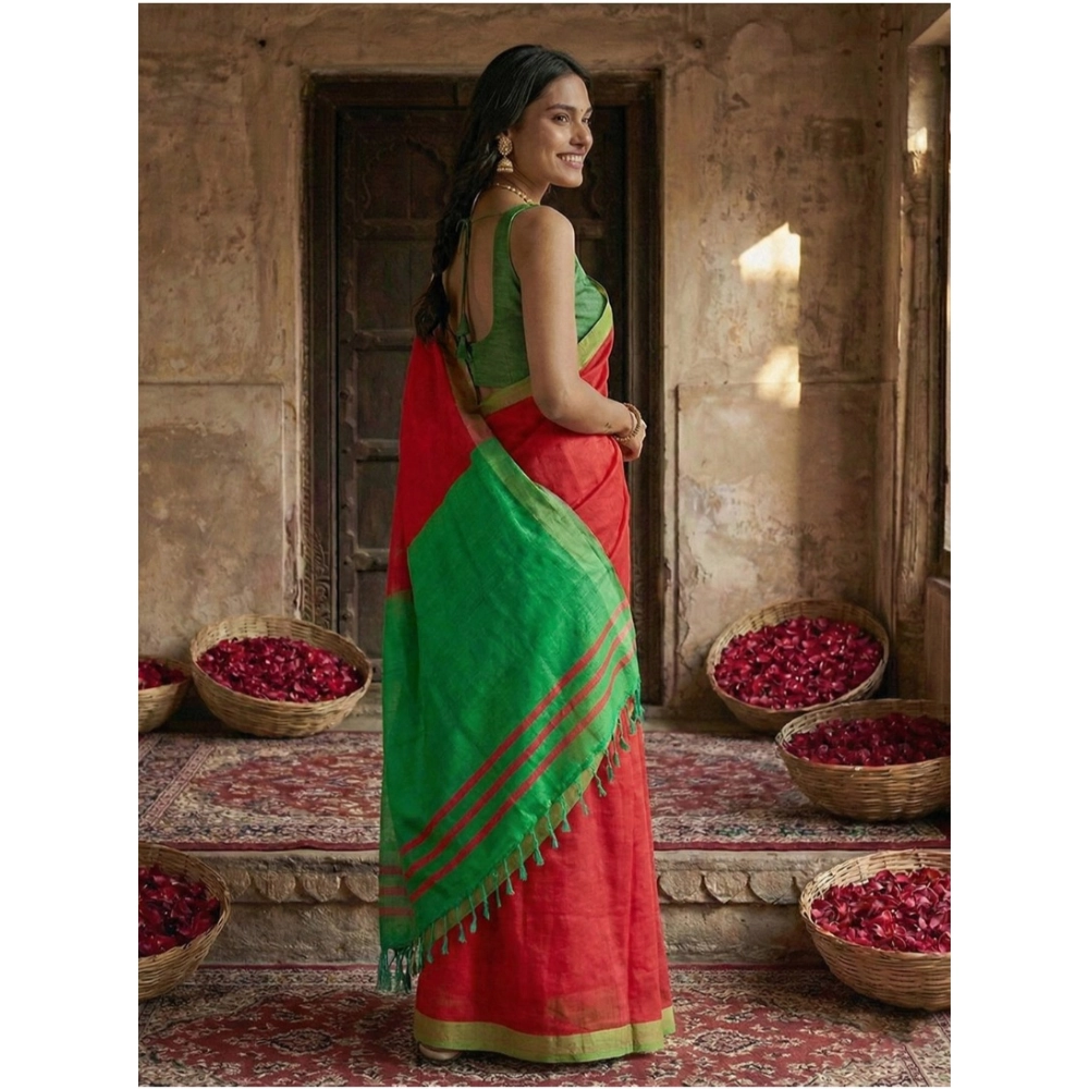 Generic Women's Cotton Printed Saree With Unstitched Blouse 5.5Mtr (Red) - Image 3