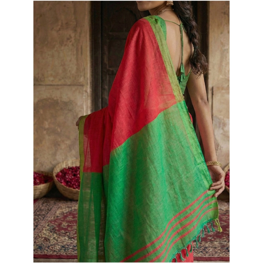 Generic Women's Cotton Printed Saree With Unstitched Blouse 5.5Mtr (Red) - Image 2