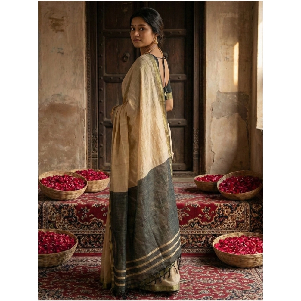 Generic Women's Cotton Printed Saree With Unstitched Blouse 5.5Mtr (Beige) - Image 4