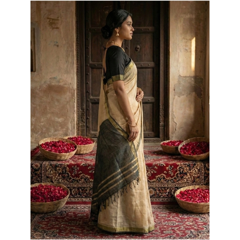 Generic Women's Cotton Printed Saree With Unstitched Blouse 5.5Mtr (Beige) - Image 3