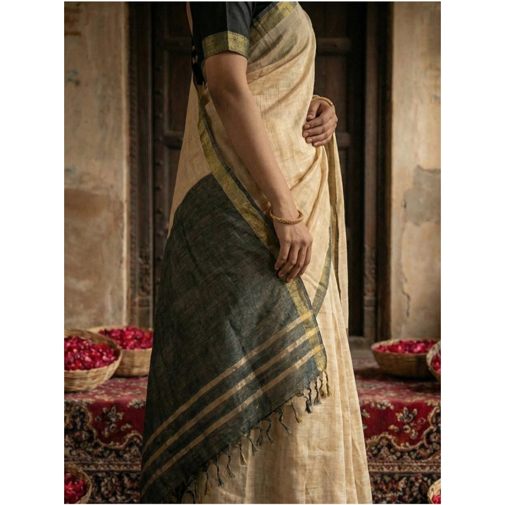 Generic Women's Cotton Printed Saree With Unstitched Blouse 5.5Mtr (Beige) - Image 2