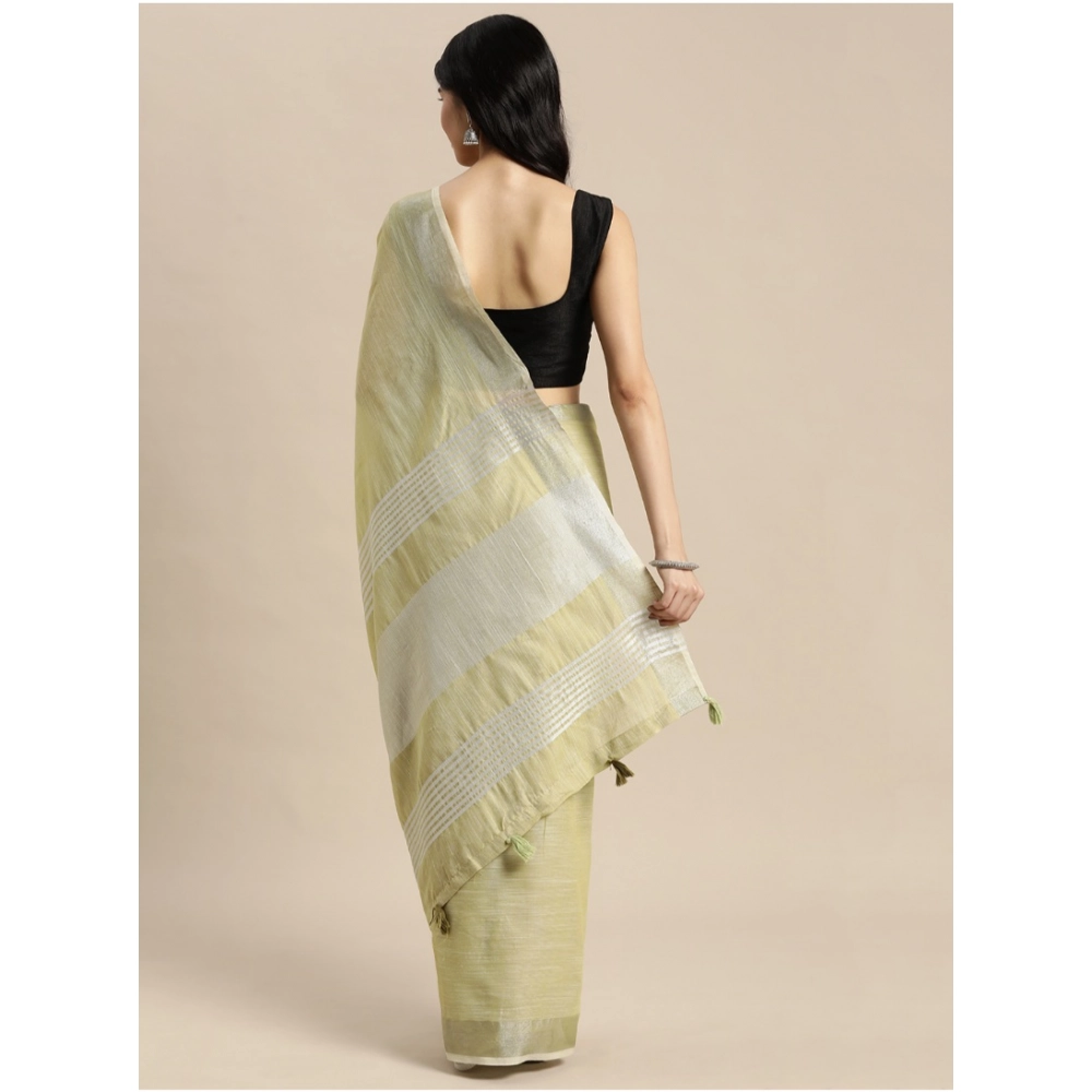 Generic Women's Linen Cotton Printed Saree With Unstitched Blouse 5.5Mtr (Olive Green) - Image 4