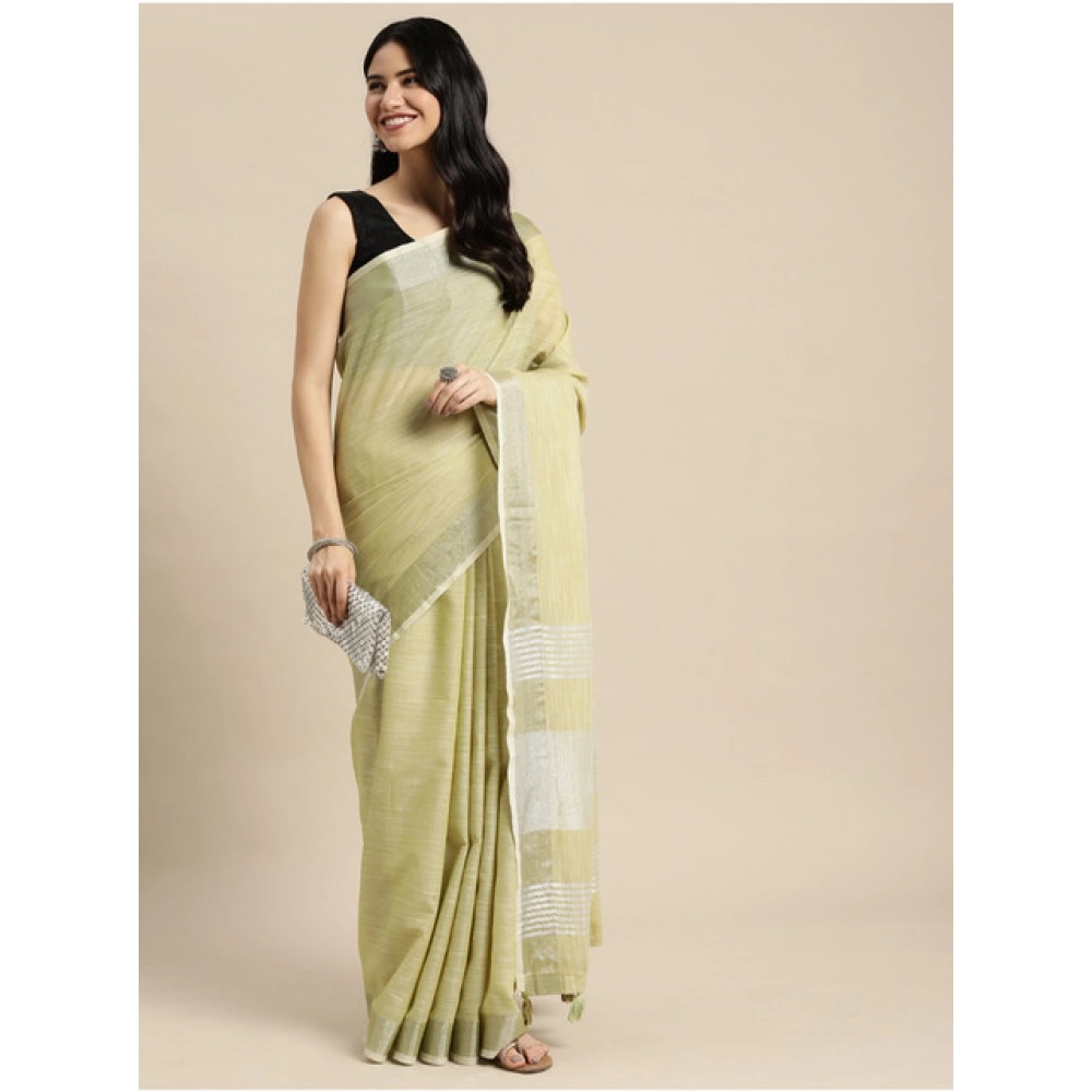 Generic Women's Linen Cotton Printed Saree With Unstitched Blouse 5.5Mtr (Olive Green) - Image 2