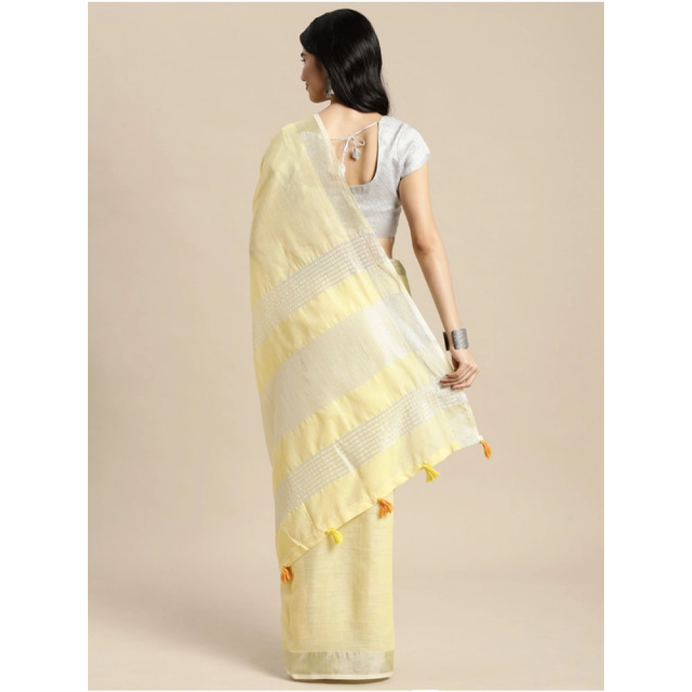 Generic Women's Linen Cotton Printed Saree With Unstitched Blouse 5.5Mtr (Yellow) - Image 4