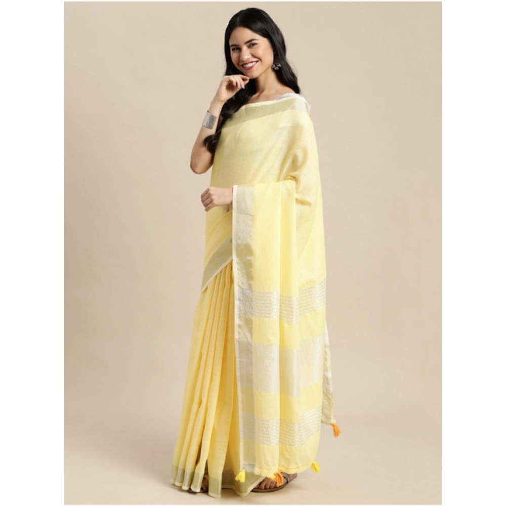 Generic Women's Linen Cotton Printed Saree With Unstitched Blouse 5.5Mtr (Yellow) - Image 3
