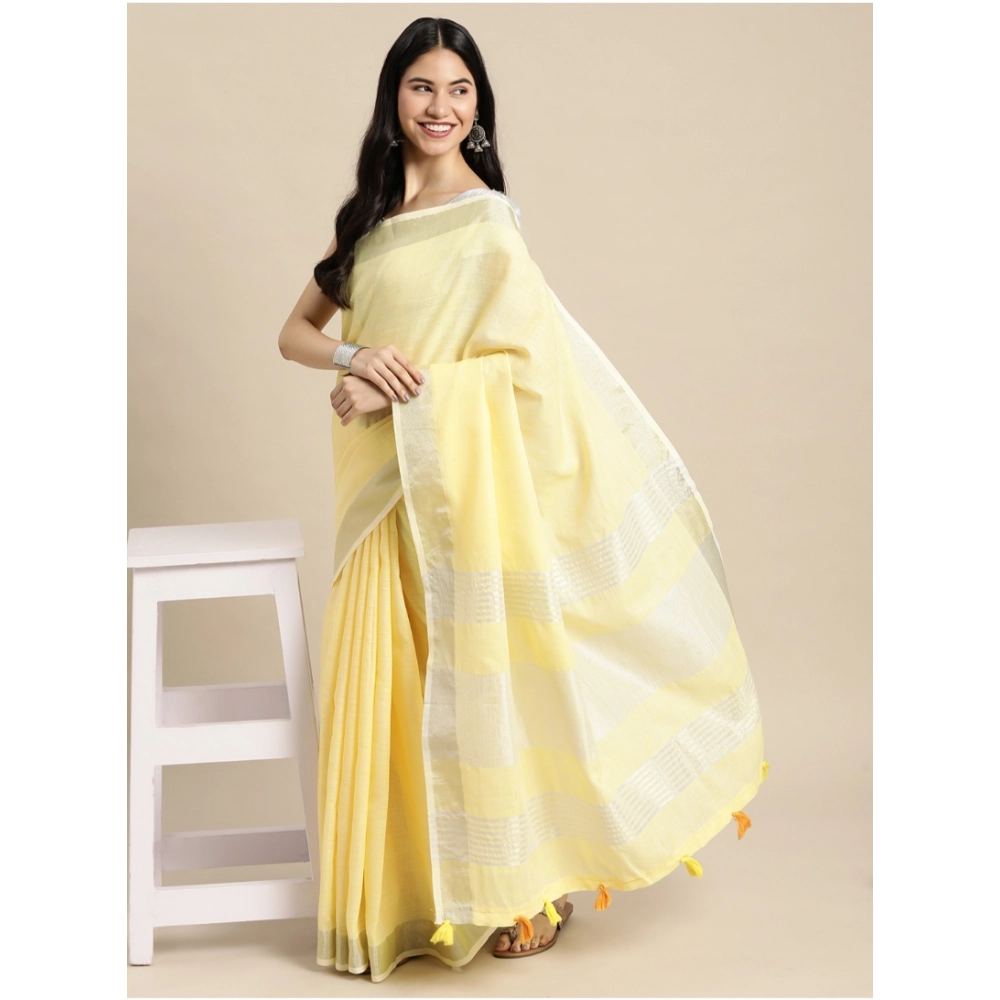 Generic Women's Linen Cotton Printed Saree With Unstitched Blouse 5.5Mtr (Yellow) - Image 2