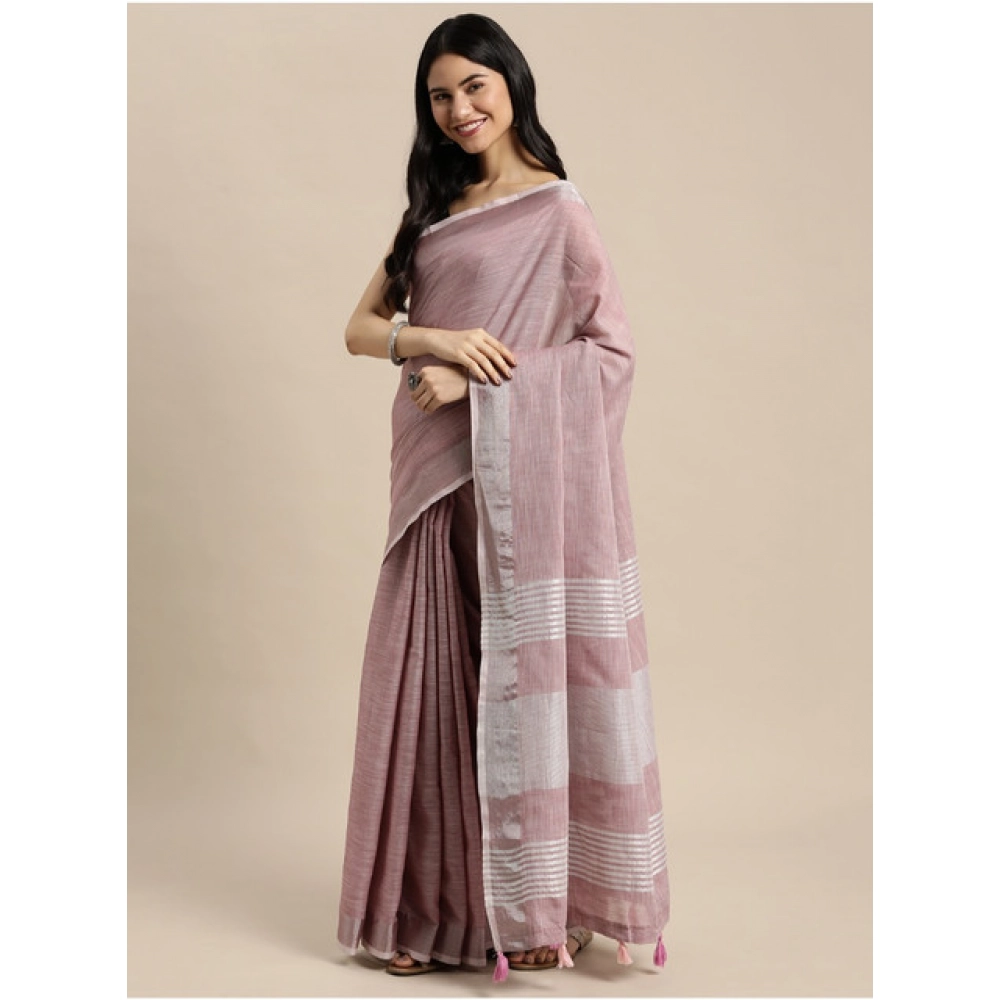 Generic Women's Linen Cotton Printed Saree With Unstitched Blouse 5.5Mtr (Purple) - Image 2