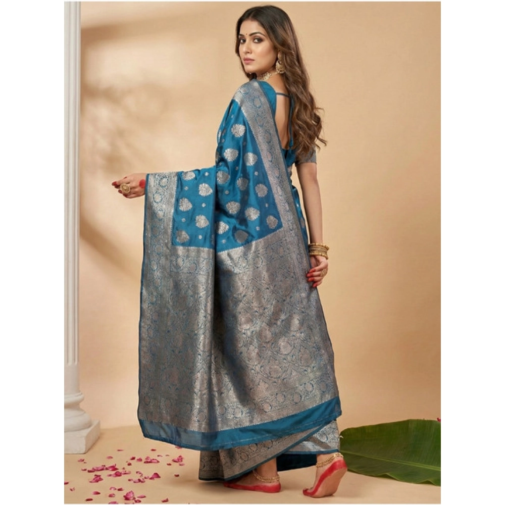 Generic Women's Silk Blend Printed Saree With Unstitched Blouse 5.5Mtr (Teal Blue) - Image 3