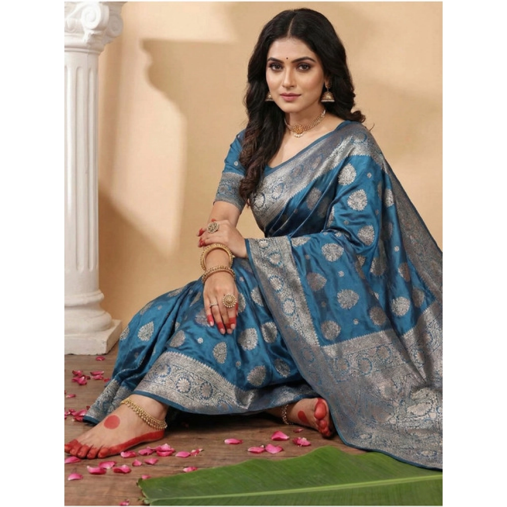 Generic Women's Silk Blend Printed Saree With Unstitched Blouse 5.5Mtr (Teal Blue) - Image 2