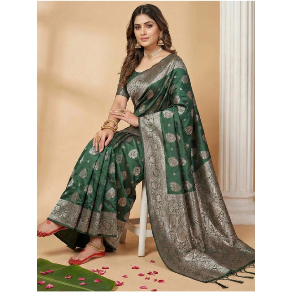 Generic Women's Silk Blend Printed Saree With Unstitched Blouse 5.5Mtr (Dark Green) - Image 2