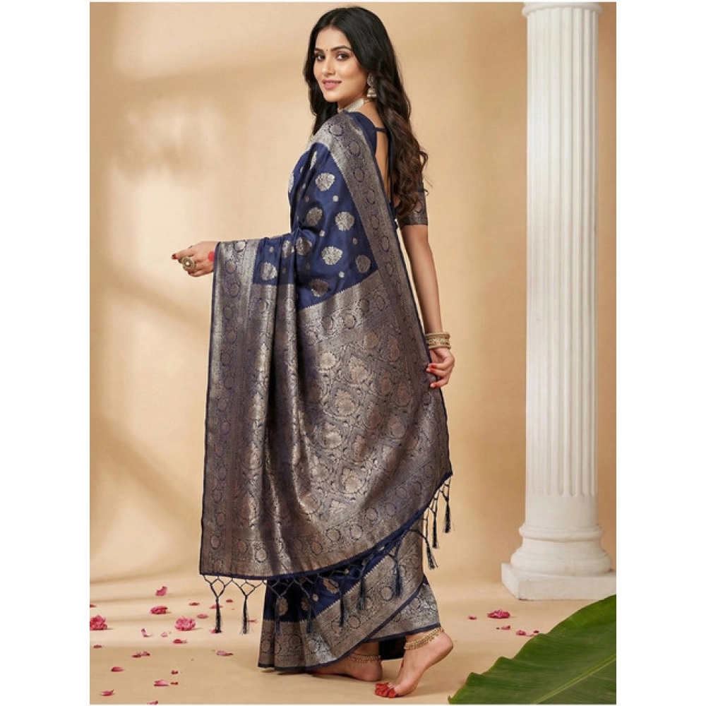 Generic Women's Silk Blend Printed Saree With Unstitched Blouse 5.5Mtr (Navy Blue) - Image 3