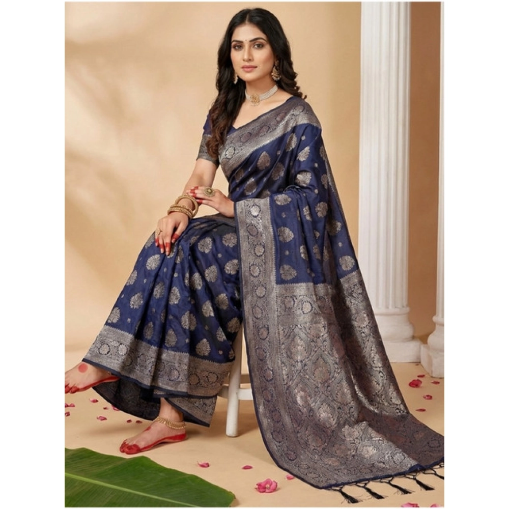 Generic Women's Silk Blend Printed Saree With Unstitched Blouse 5.5Mtr (Navy Blue) - Image 2