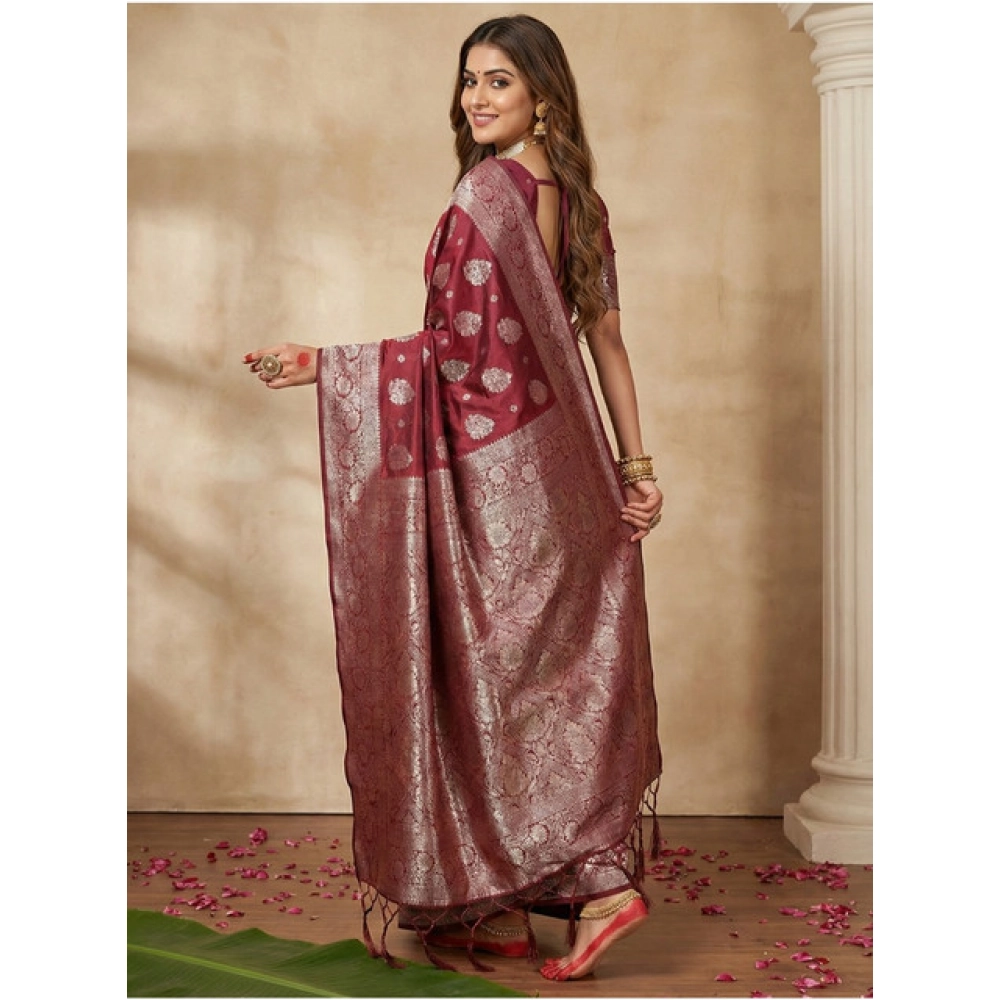 Generic Women's Silk Blend Printed Saree With Unstitched Blouse 5.5Mtr (Maroon) - Image 3