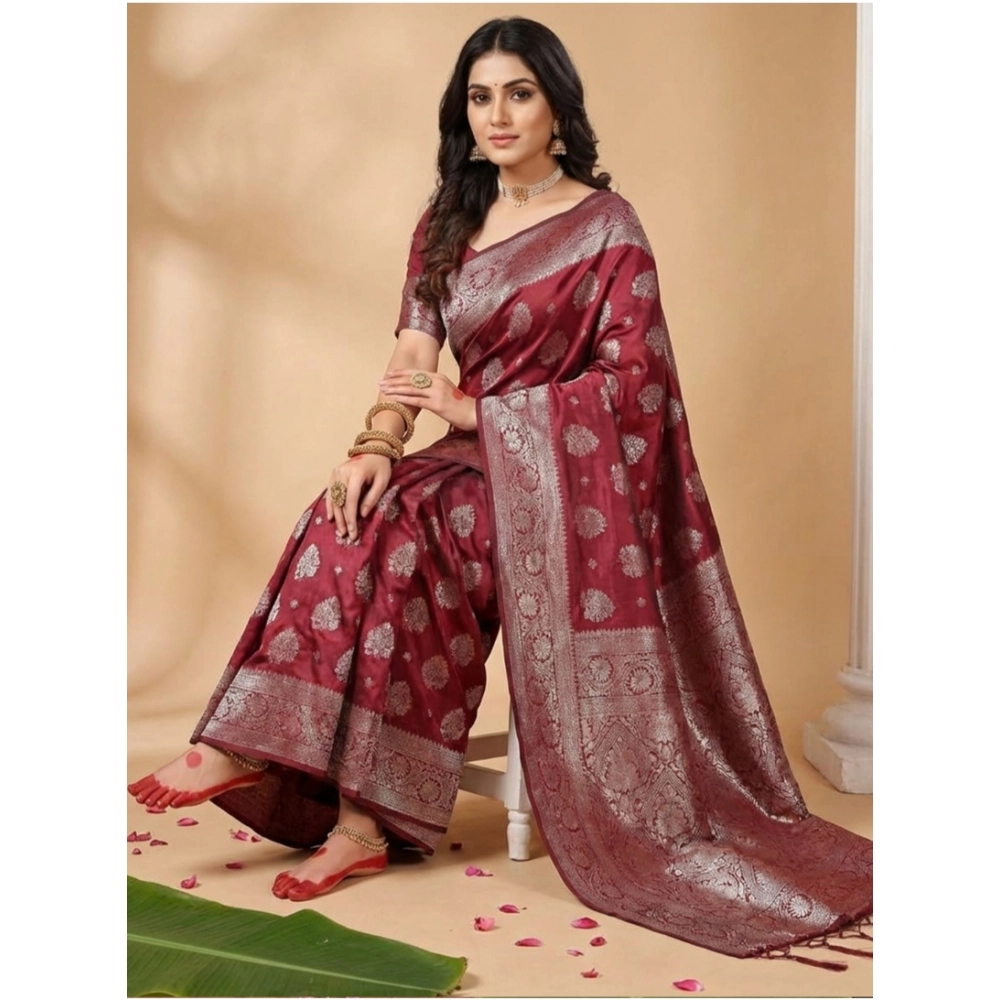 Generic Women's Silk Blend Printed Saree With Unstitched Blouse 5.5Mtr (Maroon) - Image 2