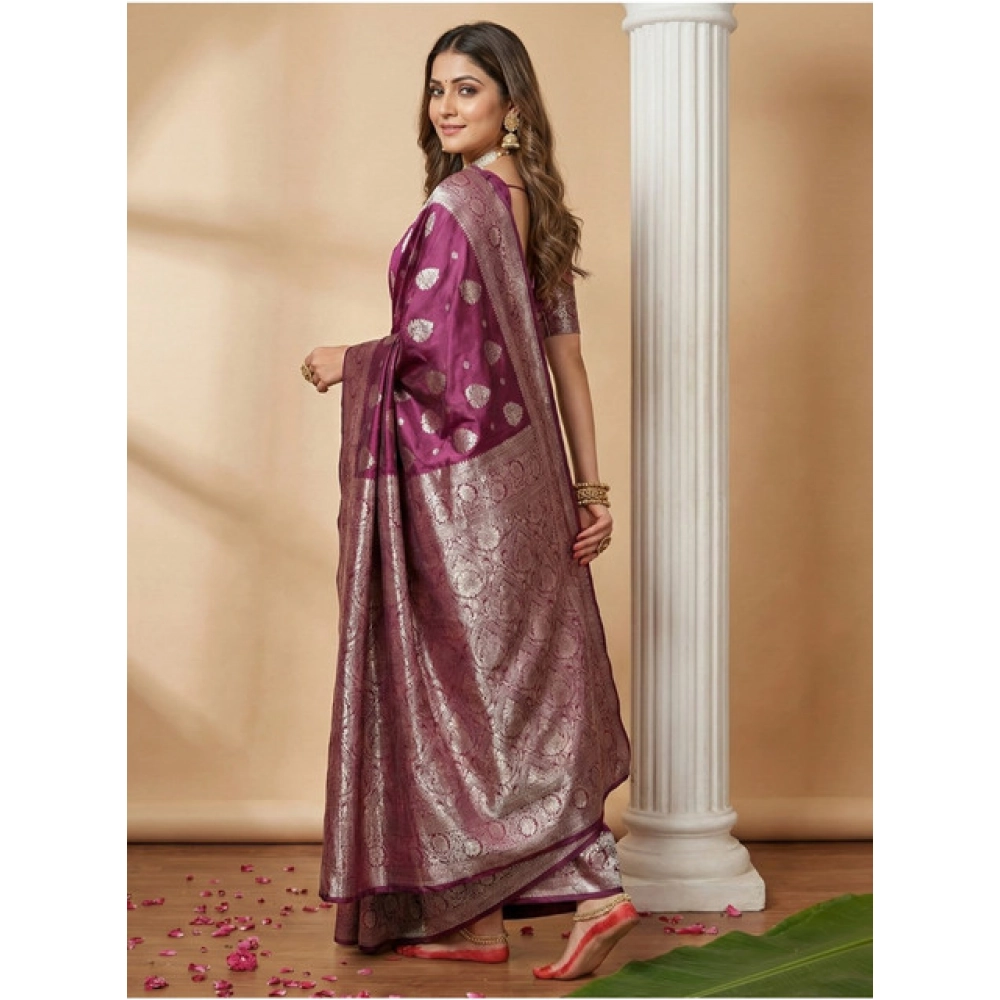 Generic Women's Silk Blend Printed Saree With Unstitched Blouse 5.5Mtr (Purple) - Image 3