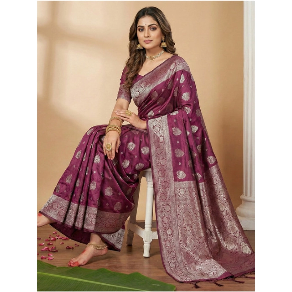Generic Women's Silk Blend Printed Saree With Unstitched Blouse 5.5Mtr (Purple) - Image 2