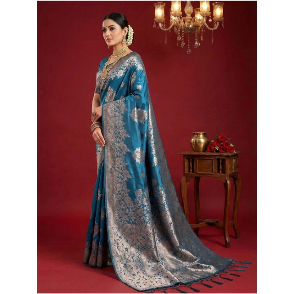 Generic Women's Silk Blend Printed Saree With Unstitched Blouse 5.5Mtr (Teal Blue) - Image 3