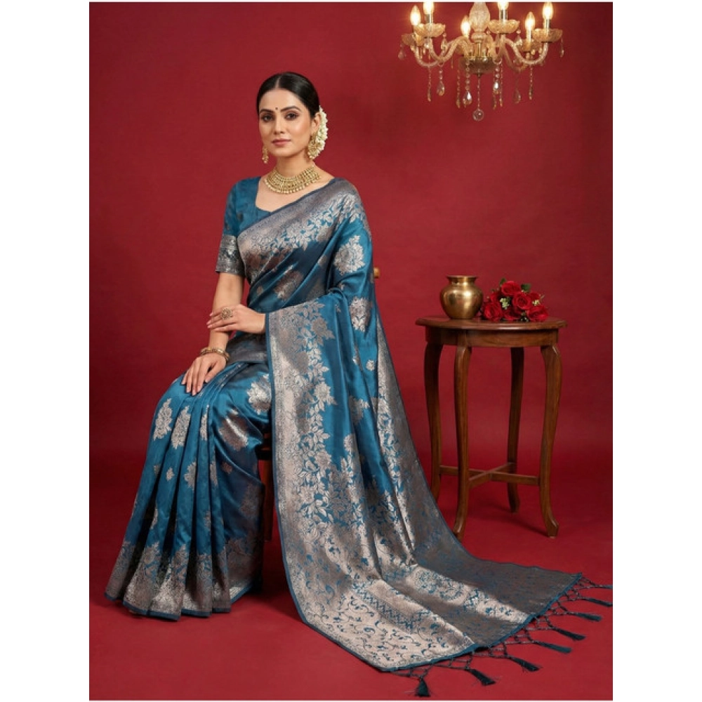 Generic Women's Silk Blend Printed Saree With Unstitched Blouse 5.5Mtr (Teal Blue) - Image 2