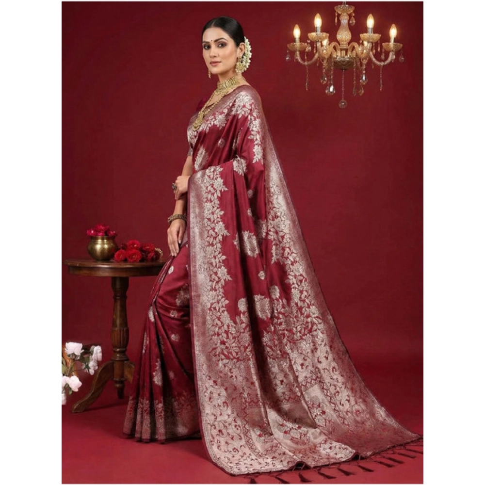 Generic Women's Silk Blend Printed Saree With Unstitched Blouse 5.5Mtr (Maroon) - Image 3