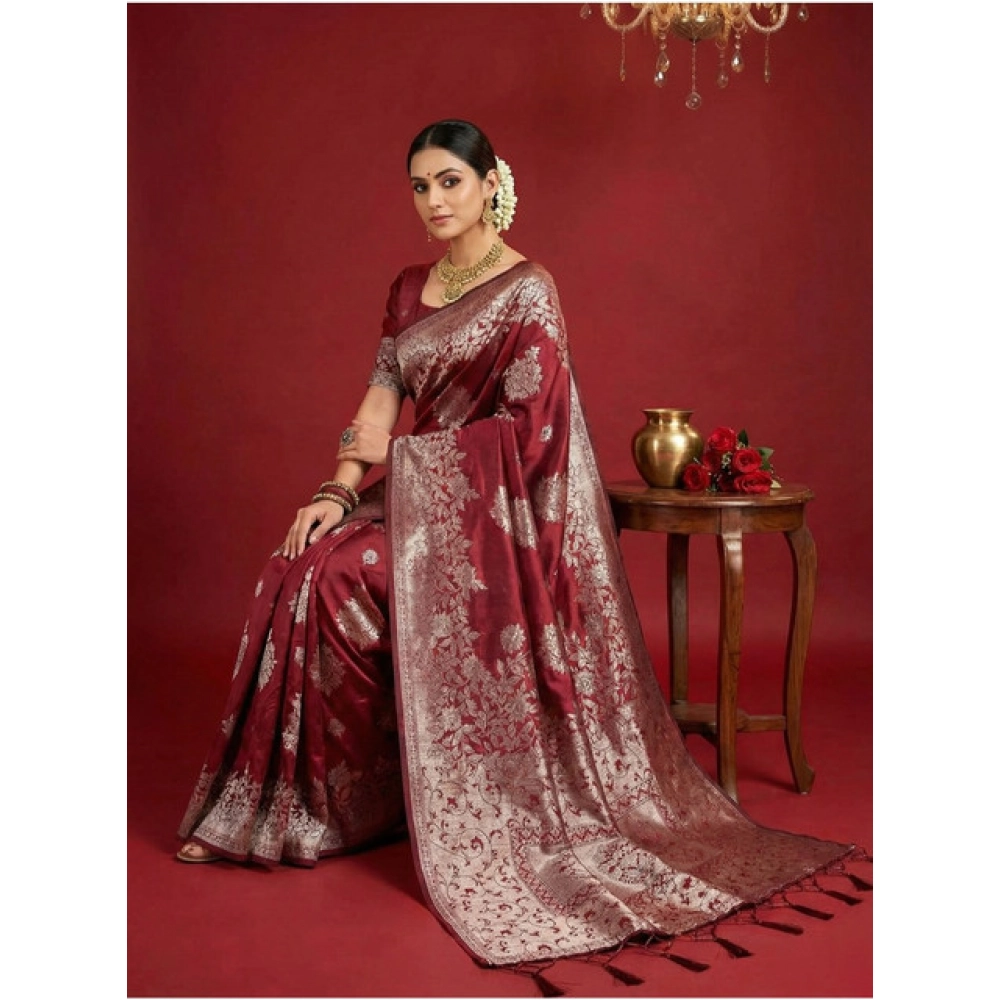 Generic Women's Silk Blend Printed Saree With Unstitched Blouse 5.5Mtr (Maroon) - Image 2